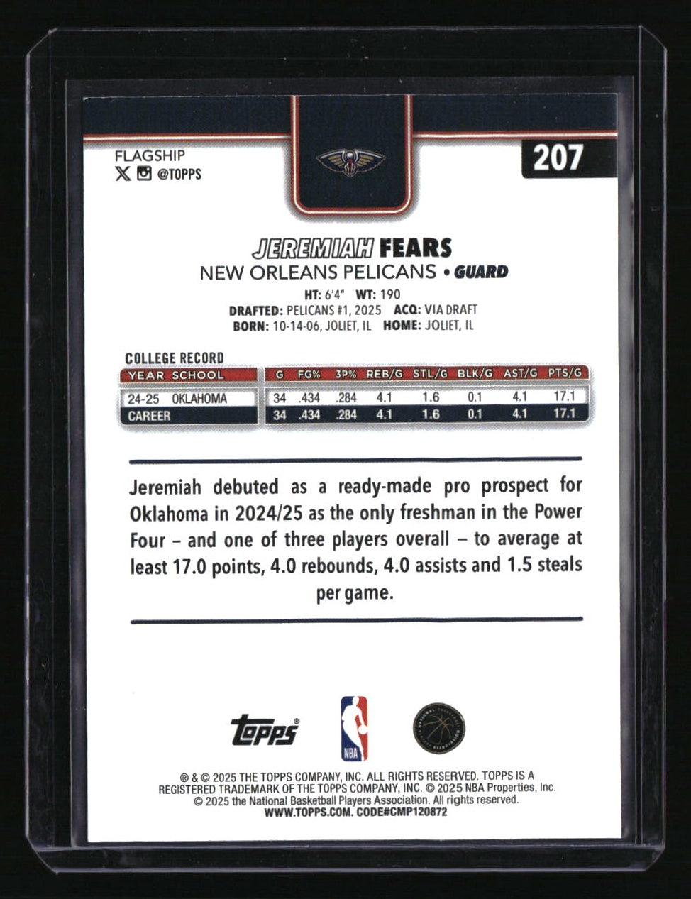 2025-26 Topps Jeremiah Fears Purple Holo Foil #/250