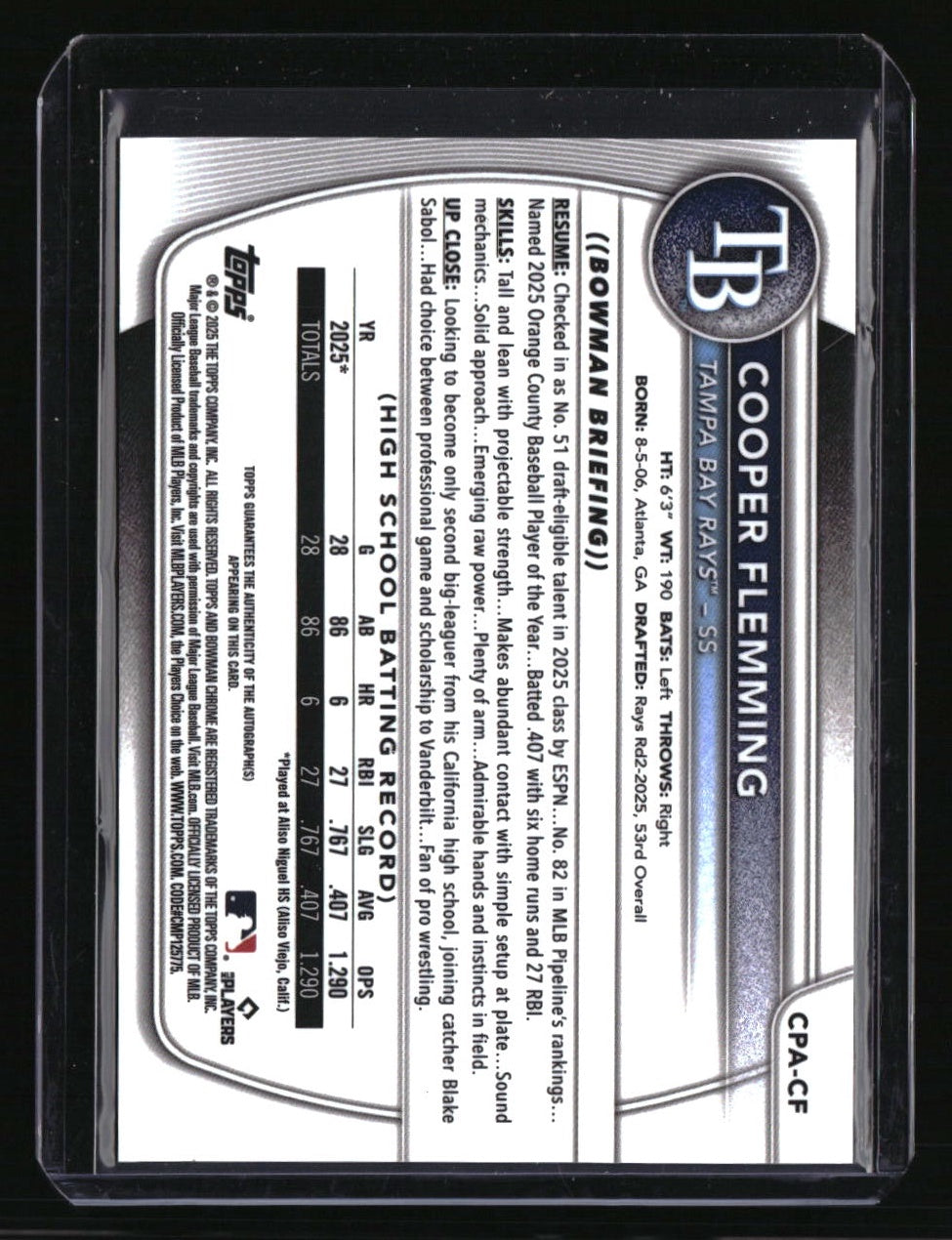 2025 Bowman Draft Cooper Flemming Chrome Prospect Autographs
