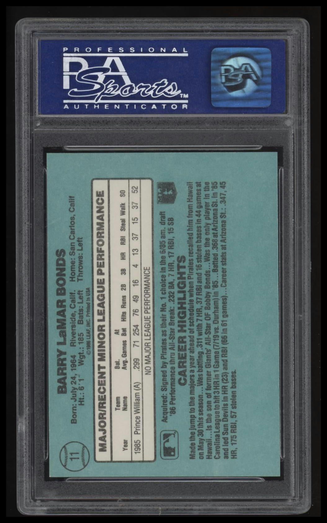 1986 Donruss Rookies Barry Bonds PSA 8