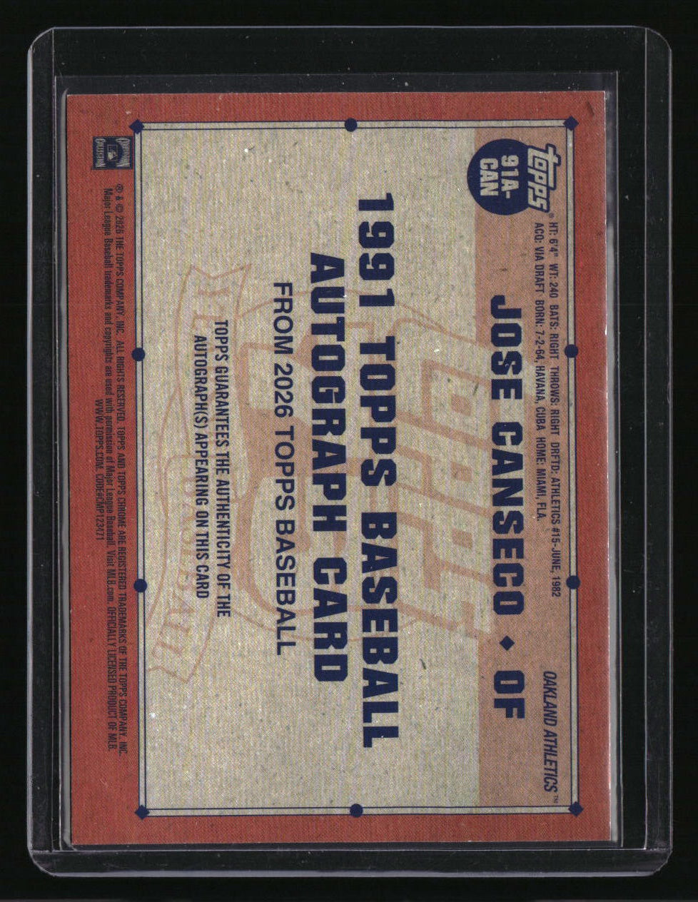 2026 Topps Jose Canseco 35th Anniversary Autographs Blue #/150