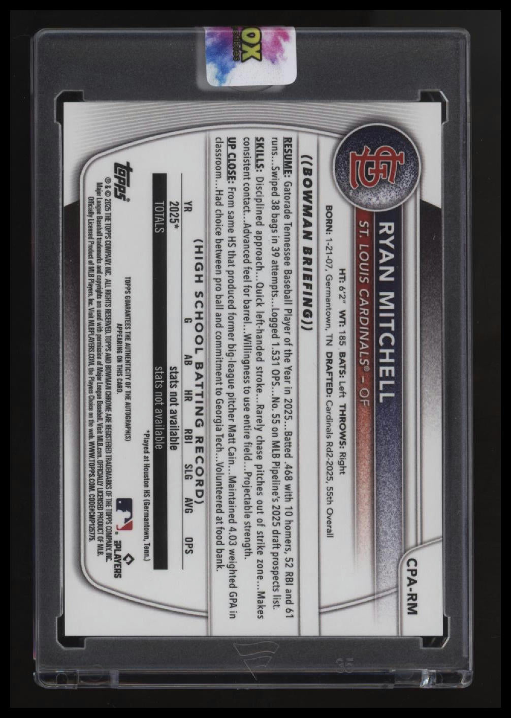 2025 Bowman Draft Ryan Mitchell Chrome Prospect Autographs Gold #/50