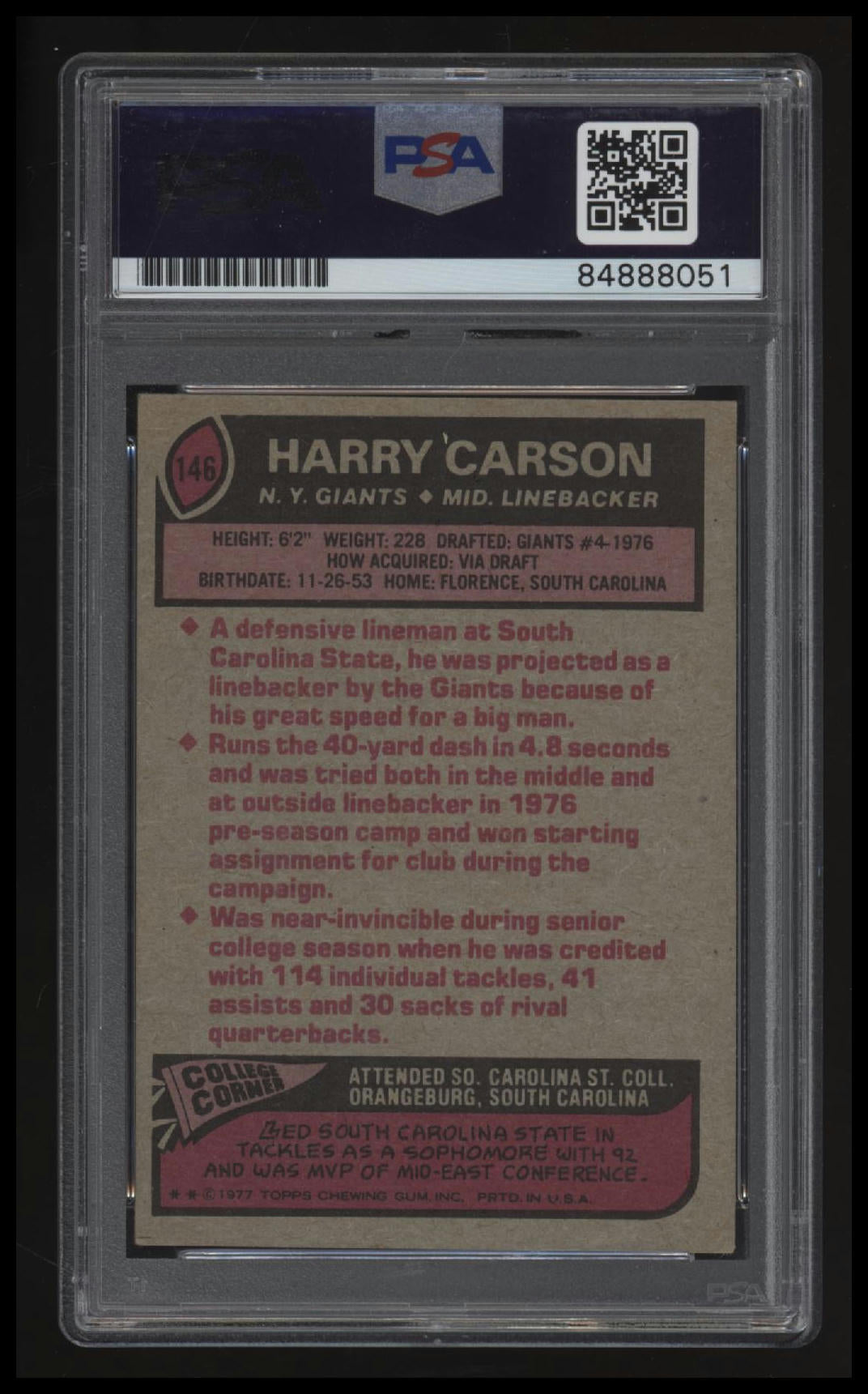 1977 Topps Harry Carson Signed PSA/DNA Cert Auto 10