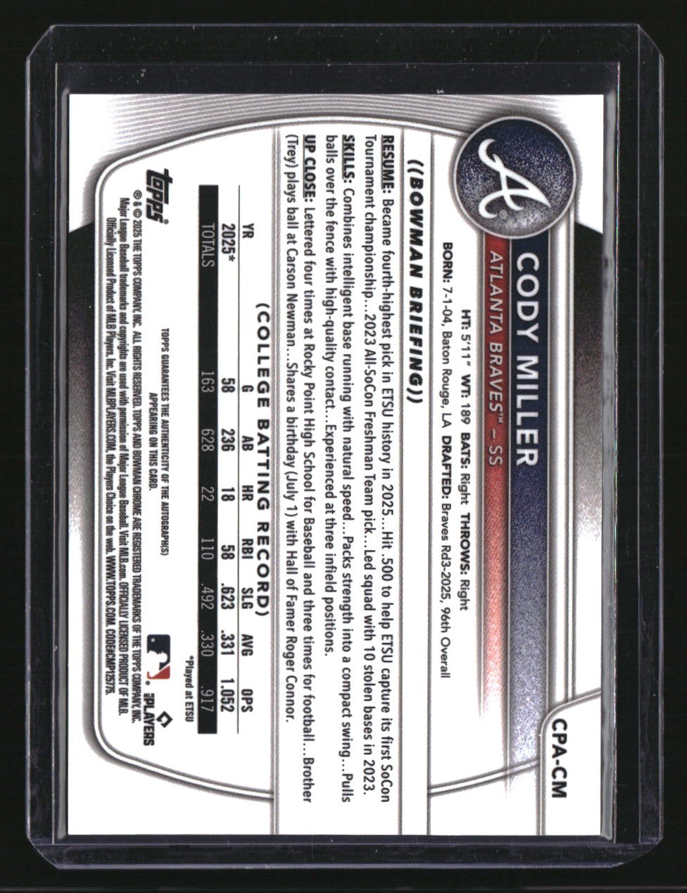2025 Bowman Draft Cody Miller Chrome Prospect Autographs Blue Refractor #/150