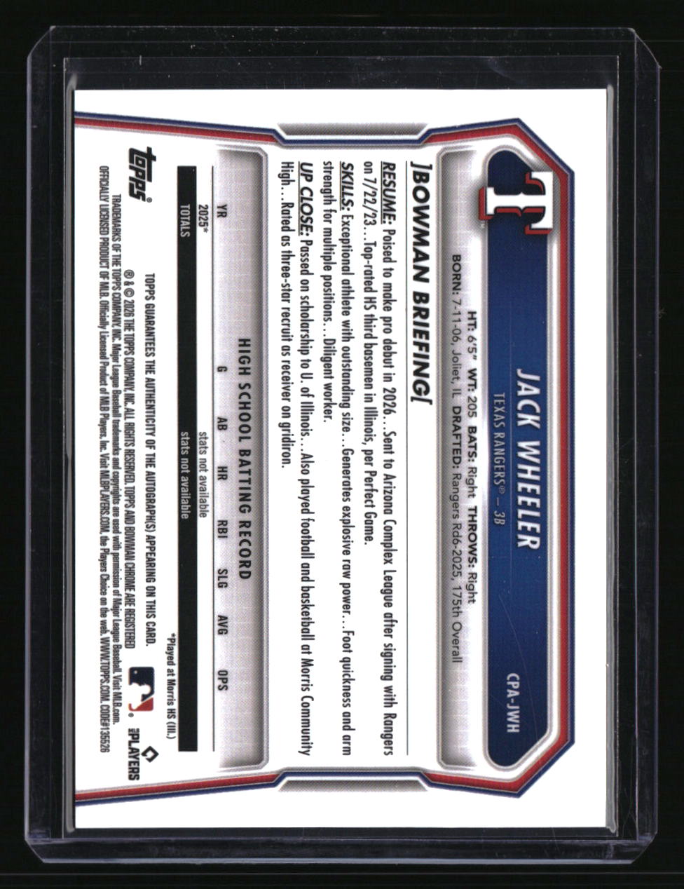 2026 Bowman Jack Wheeler Chrome Prospect Autographs
