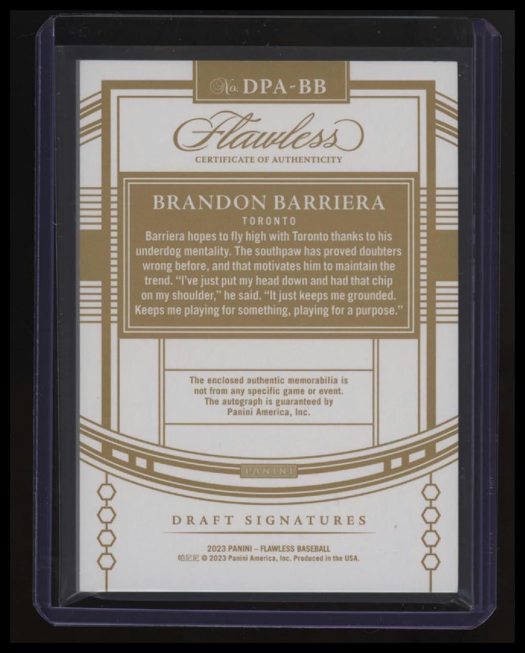 2023 Panini Flawless Brandon Barriera Draft Patch Autographs Gold #/10
