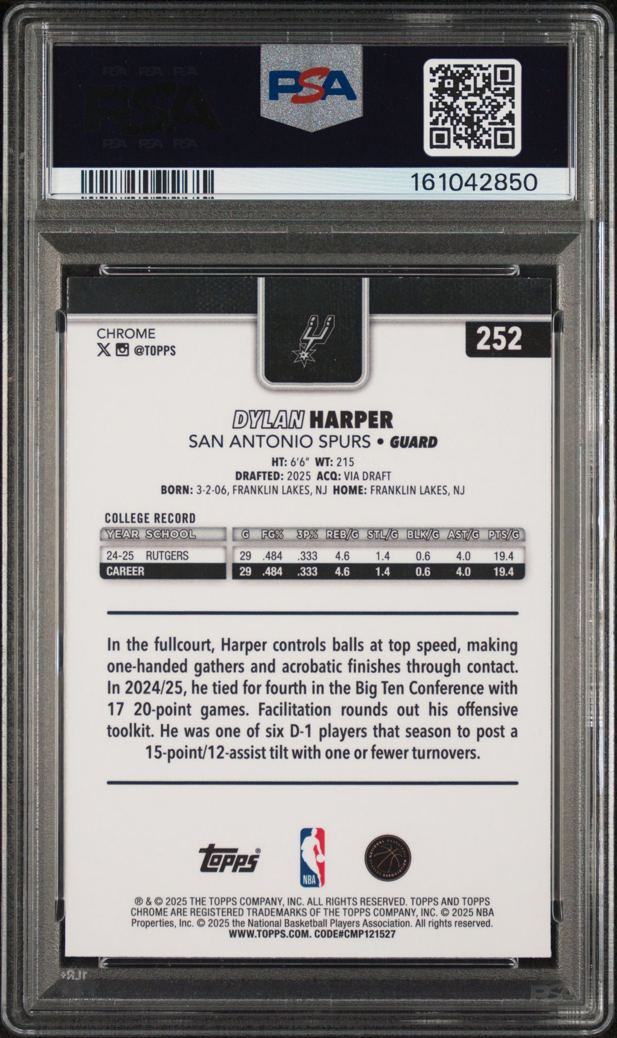2025 Topps Chrome Dylan Harper Basketball Refractor PSA 10