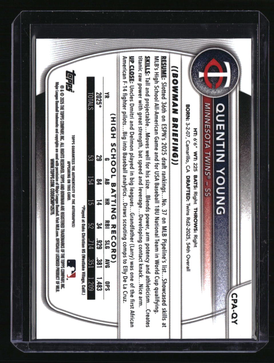 2025 Bowman Draft Quentin Young Chrome Prospect Autographs Green Lava #/99