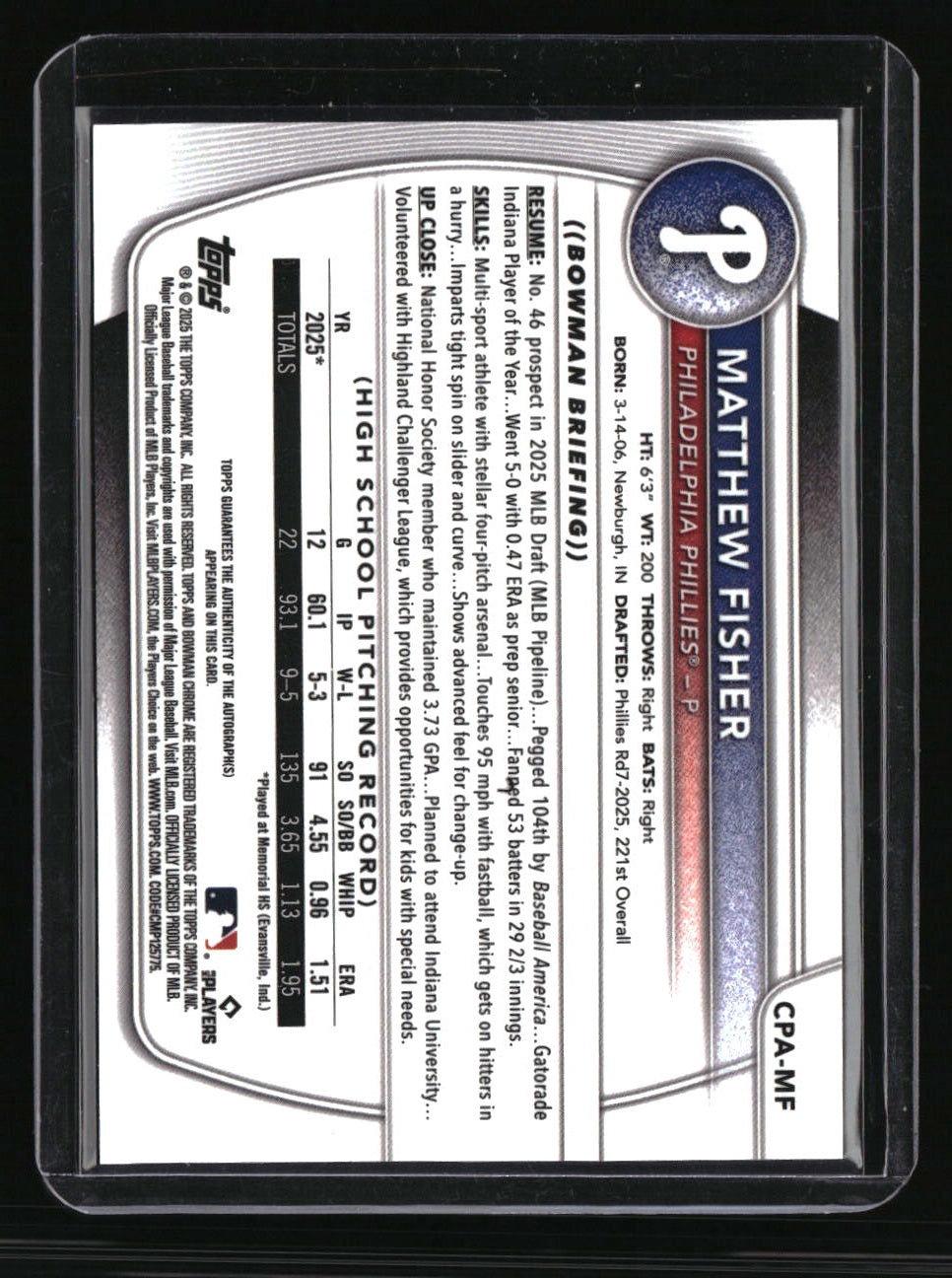 2025 Bowman Draft Matthew Fisher Chrome Prospect Autographs