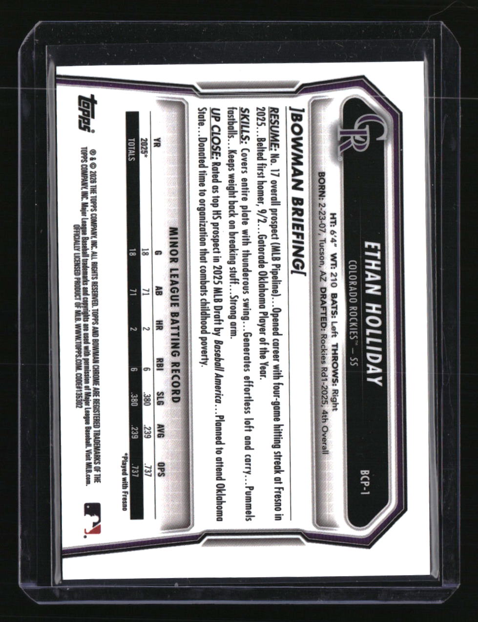 2026 Bowman Ethan Holliday Chrome Prospects Aqua Shimmer Refractor #/125