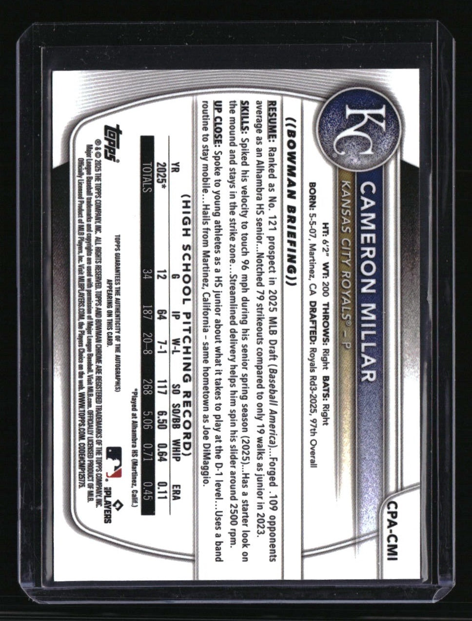 2025 Bowman Draft Cameron Millar Chrome Prospect Autographs Purple #/250