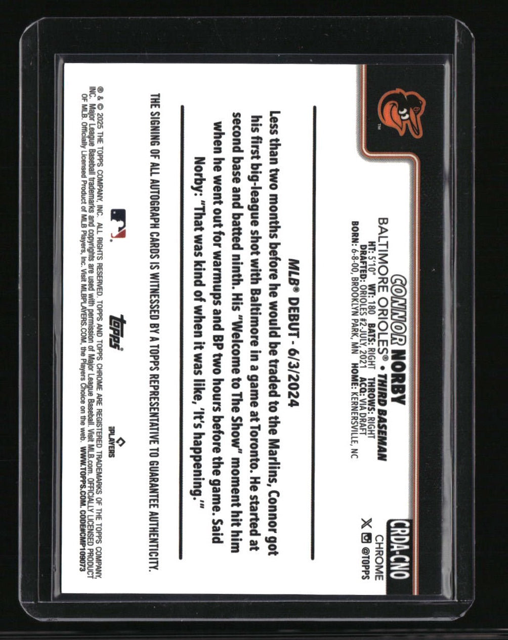 2025 Topps Chrome Update Connor Norby Rookie Debut Auto Purple Speckle #/299