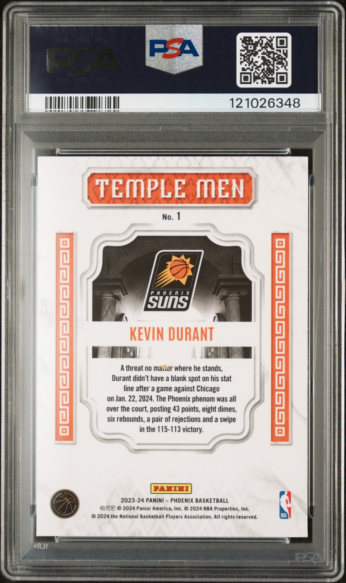 2023 Panini Phoenix Temple Men Kevin Durant Temple Men-Blue Ice PSA 10