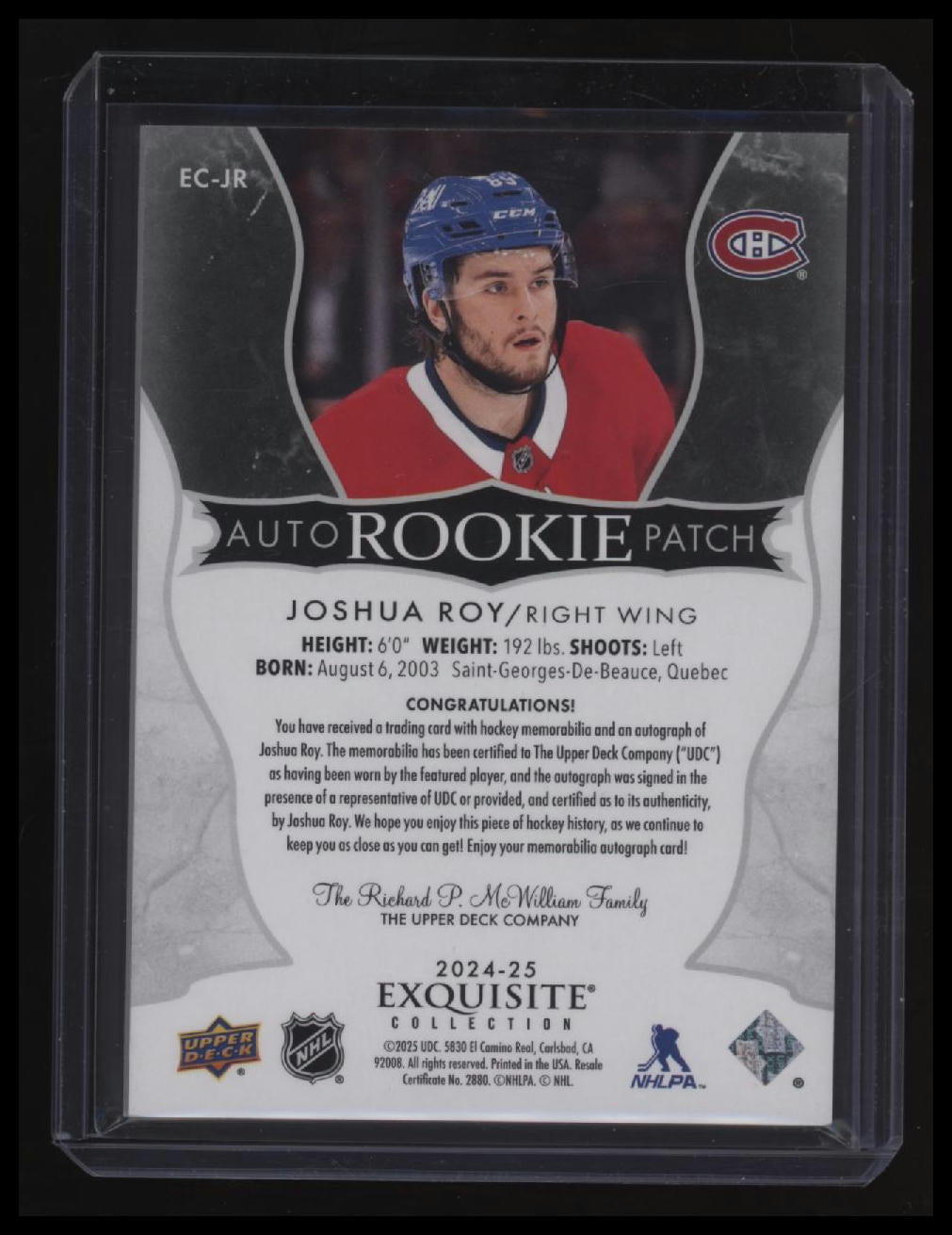2024-25 Upper Deck The Cup Joshua Roy Exq. Coll. Rookie Auto Patch #/89