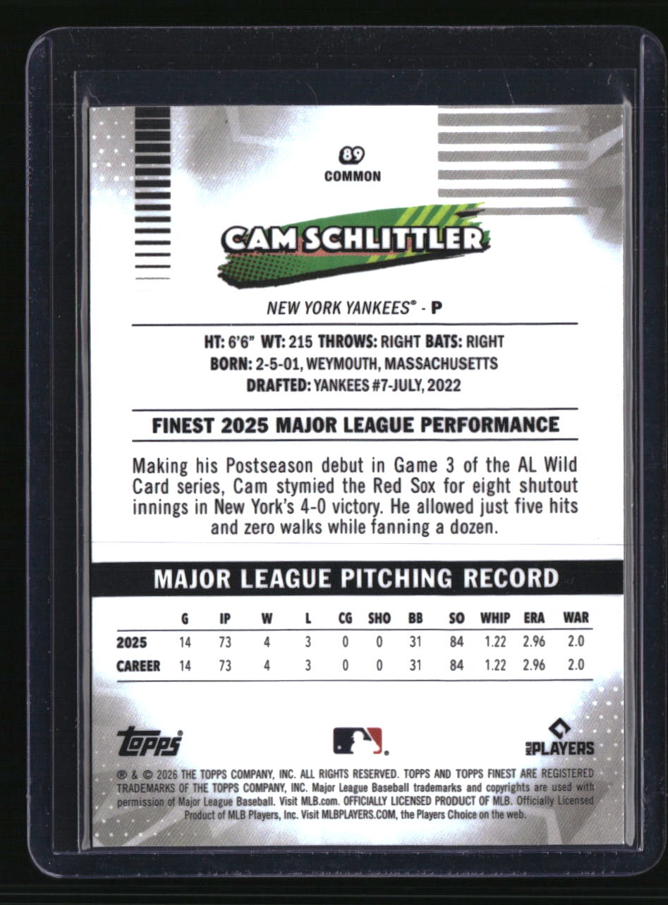 2026 Finest Cam Schlittler Pink Refractors #/250