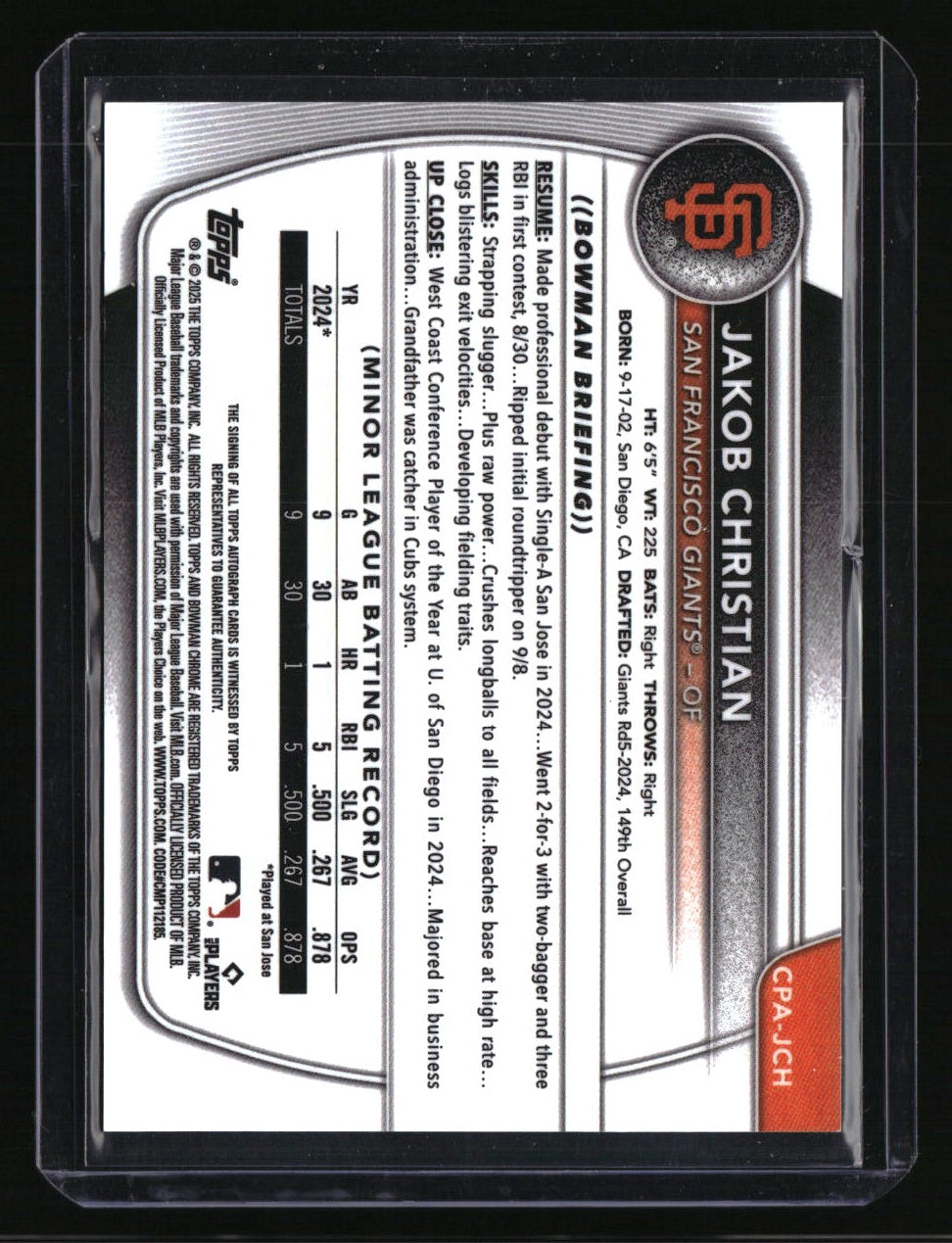 2025 Bowman Chrome Jakob Christian Prospect Autographs Reptilian Green #/99