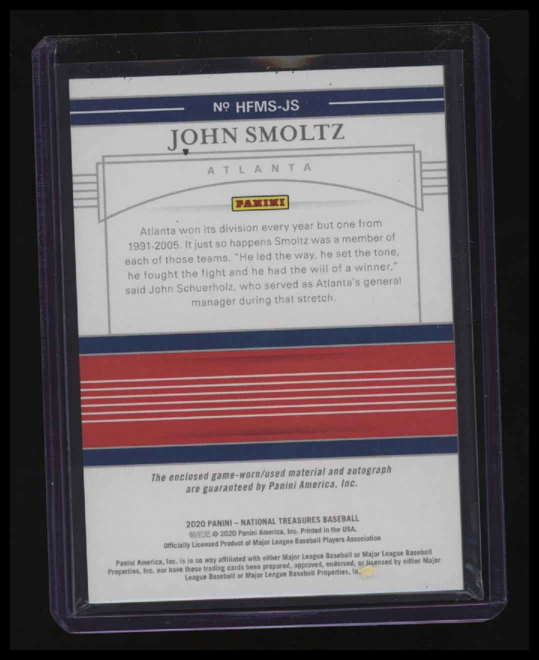 2020 Panini National Treasures John Smoltz Hall of Fame Material Signatures #/11