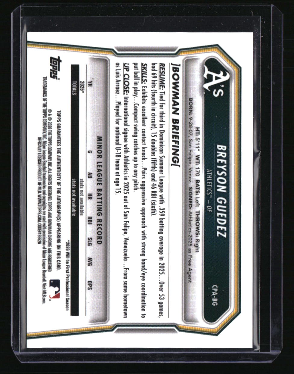 2026 Bowman Breyson Guedez Chrome Prospect Autographs