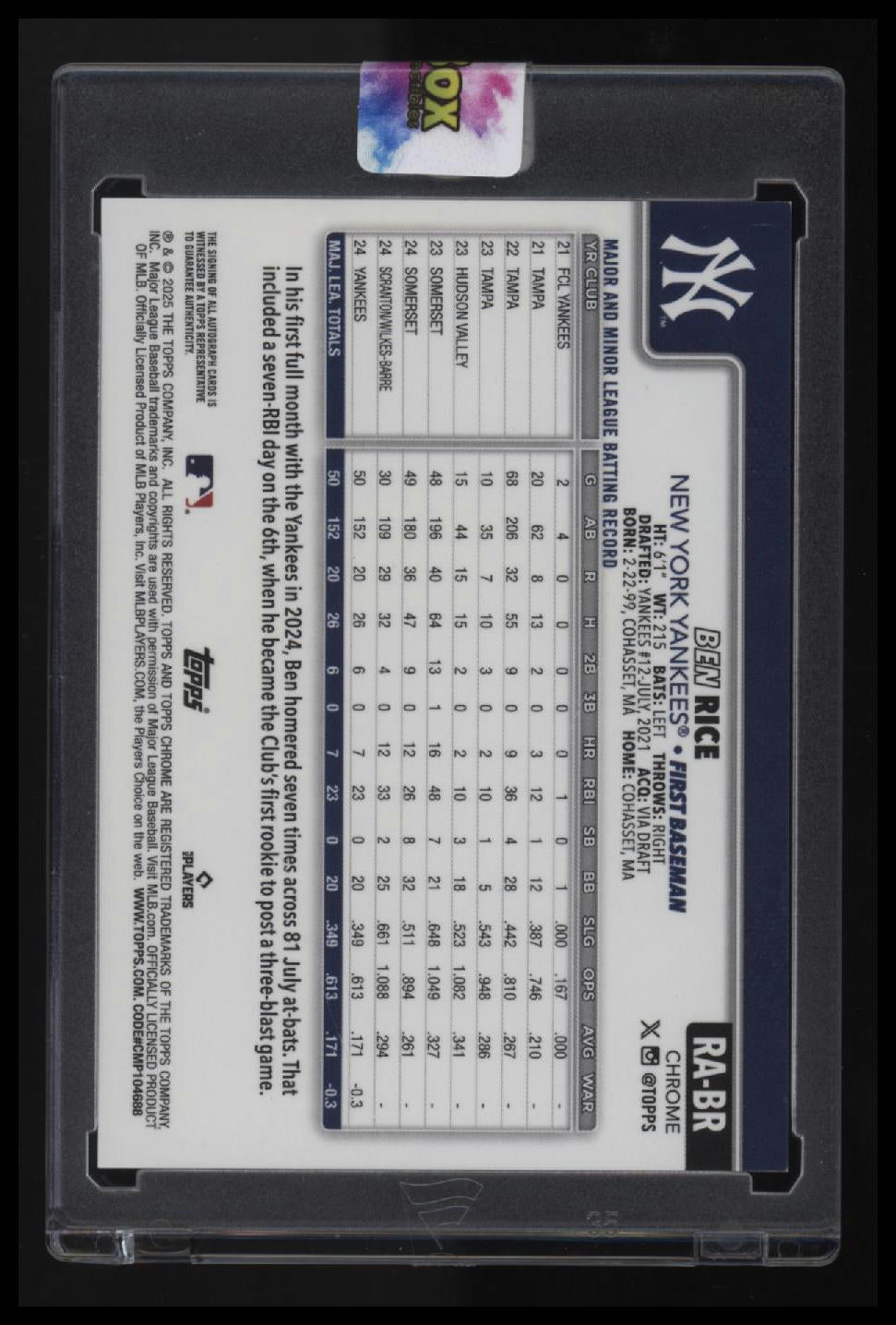2025 Topps Chrome Ben Rice Rookie Autographs Black & White Mini-Diamond