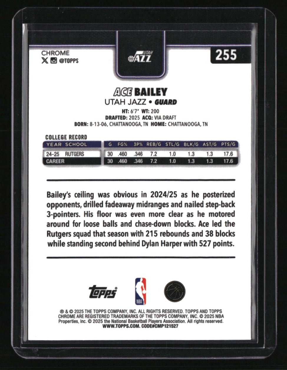 2025-26 Topps Chrome Ace Bailey Blue Refractor #/150