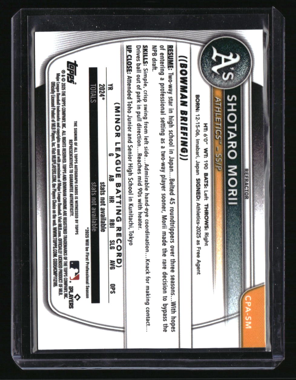 2025 Bowman Chrome Shotaro Morii Prospect Auto Refractor FIRST ON PRINT #/499