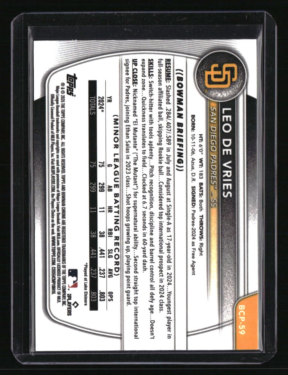 2025 Bowman Leo De Vries Chrome Prospects Fuchsia Wave Refractor #/199