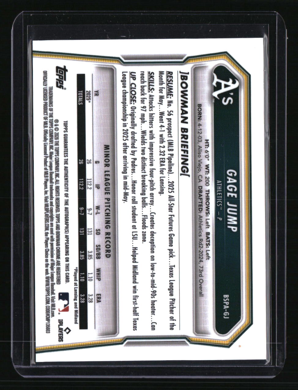 2026 Bowman Sapphire Edition Gage Jump Prospect Autograph #/199