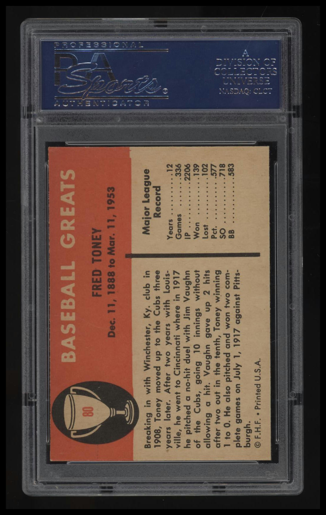 1961 Fleer Fred Toney PSA 7