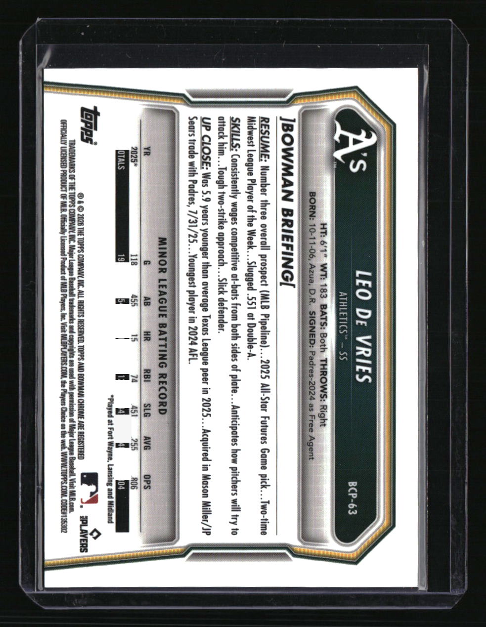 2026 Bowman Leo De Vries Chrome Prospects Reptilian Orange Refractor #/25