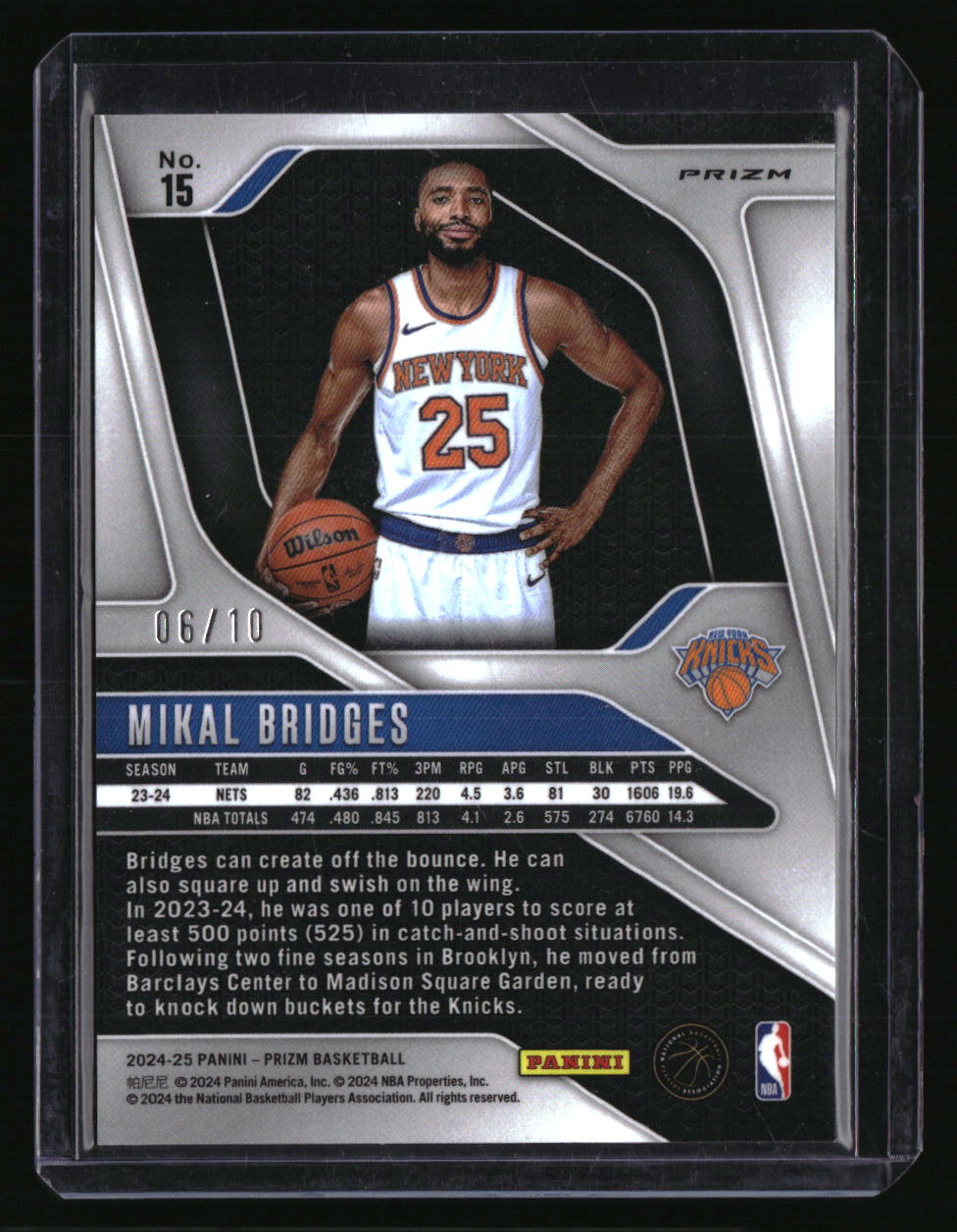 2024-25 Panini Prizm Mikal Bridges Prizms Lazer Gold #/10