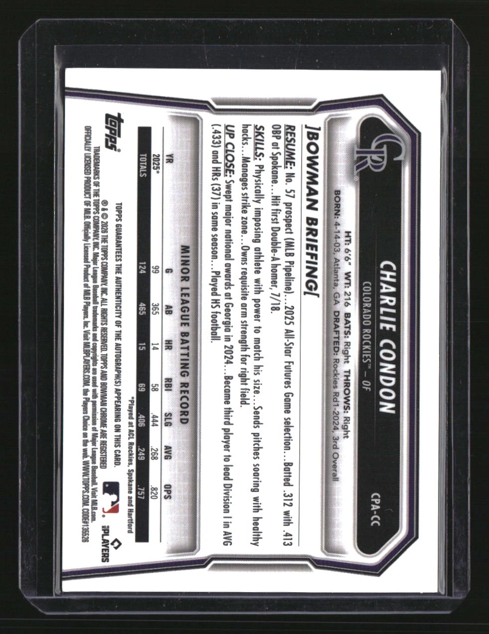 2026 Bowman Charlie Condon Chrome Prospect Autographs Purple Refractors #/250