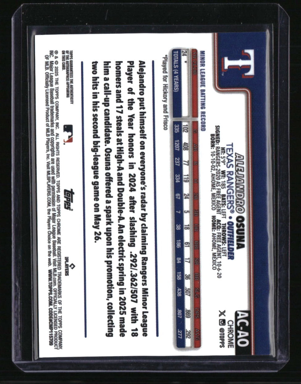 2025 Topps Chrome Update Alejandro Osuna Auto Purple Speckle Refractors #/299