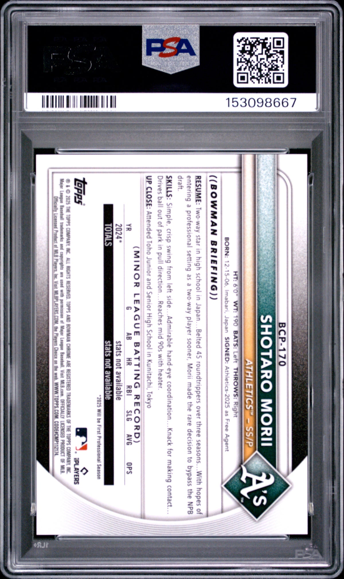 2025 Bowman Chrome Sapphire Prospects Shotaro Morii Image Variation-Gold PSA 9