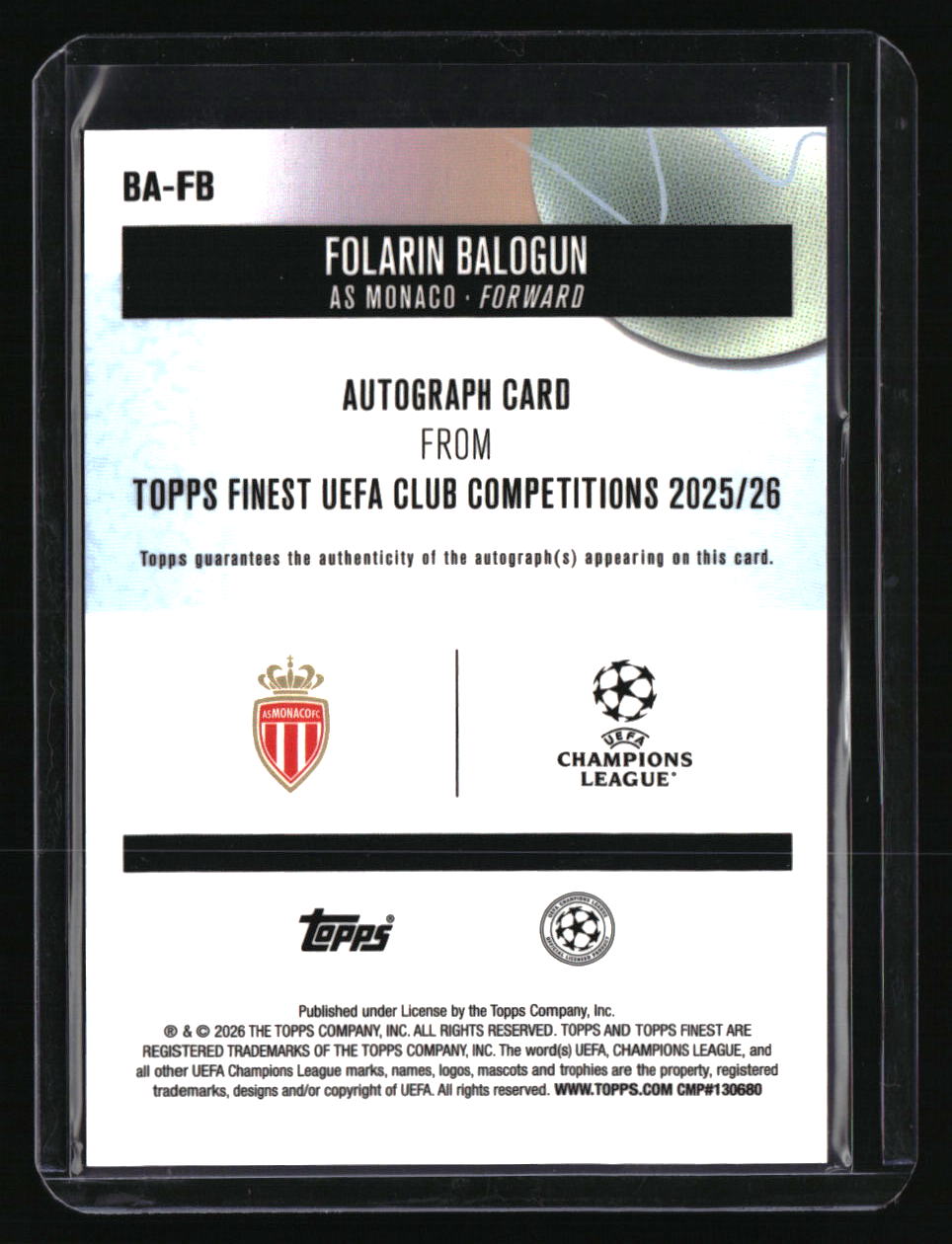 2025-26 Finest UEFA Club Comp. Folarin Balogun Base Autographs Blue Wave #/150