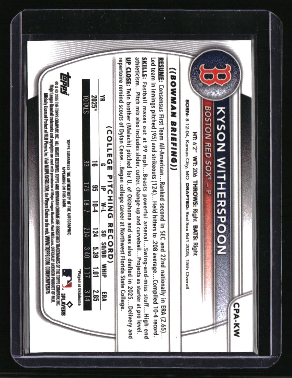 2025 Bowman Draft Kyson Witherspoon Chrome Prospect Autographs Blue Wave #/150
