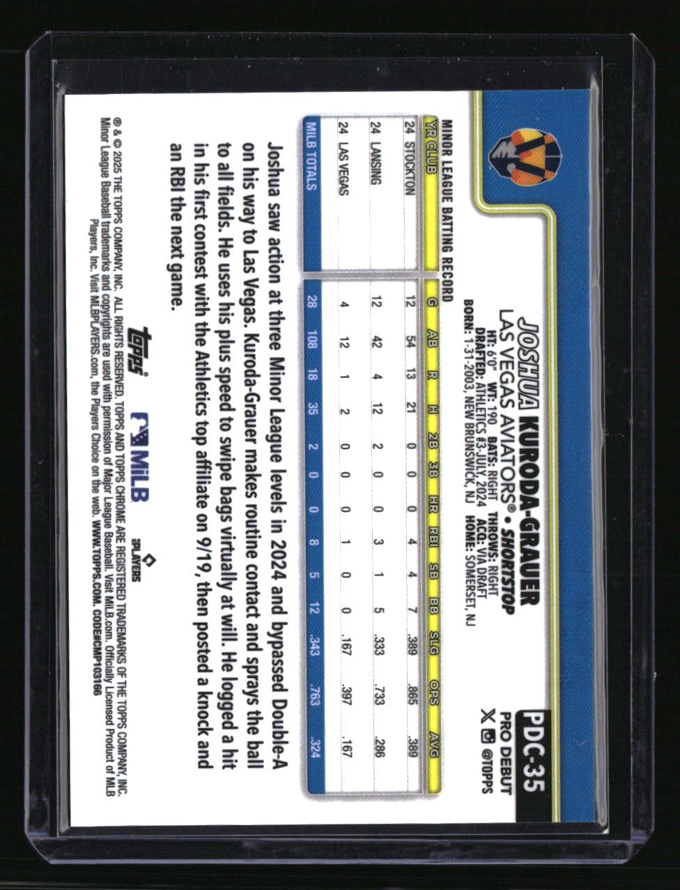 2025 Topps Pro Debut Joshua Kuroda-Grauer Chrome Gold Mini-Diamond #/50