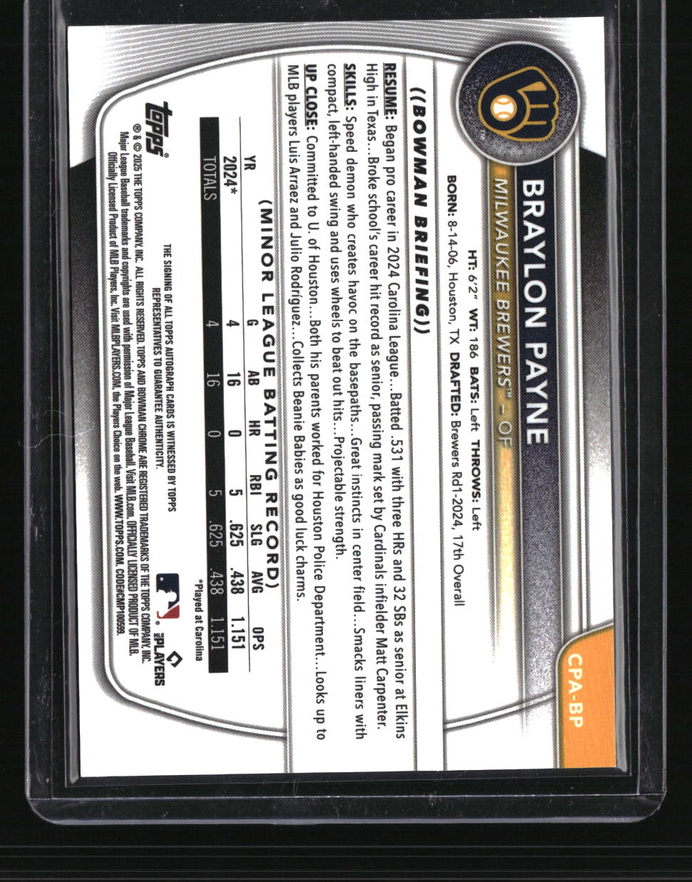 2025 Bowman Chrome Braylon Payne Prospect Autographs Yellow #/75