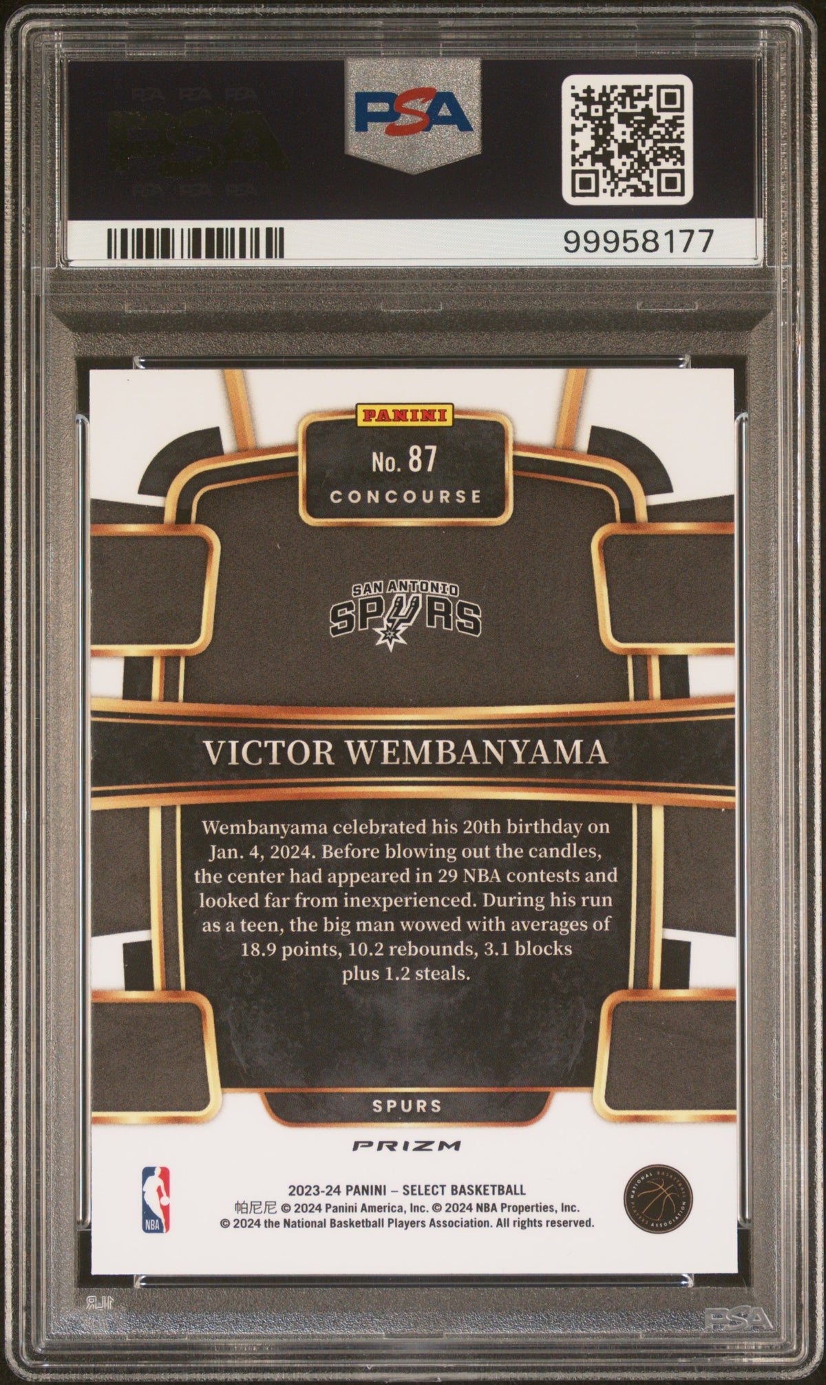 2023 Panini Select Victor Wembanyama Green/White/Purple Prizm PSA 9