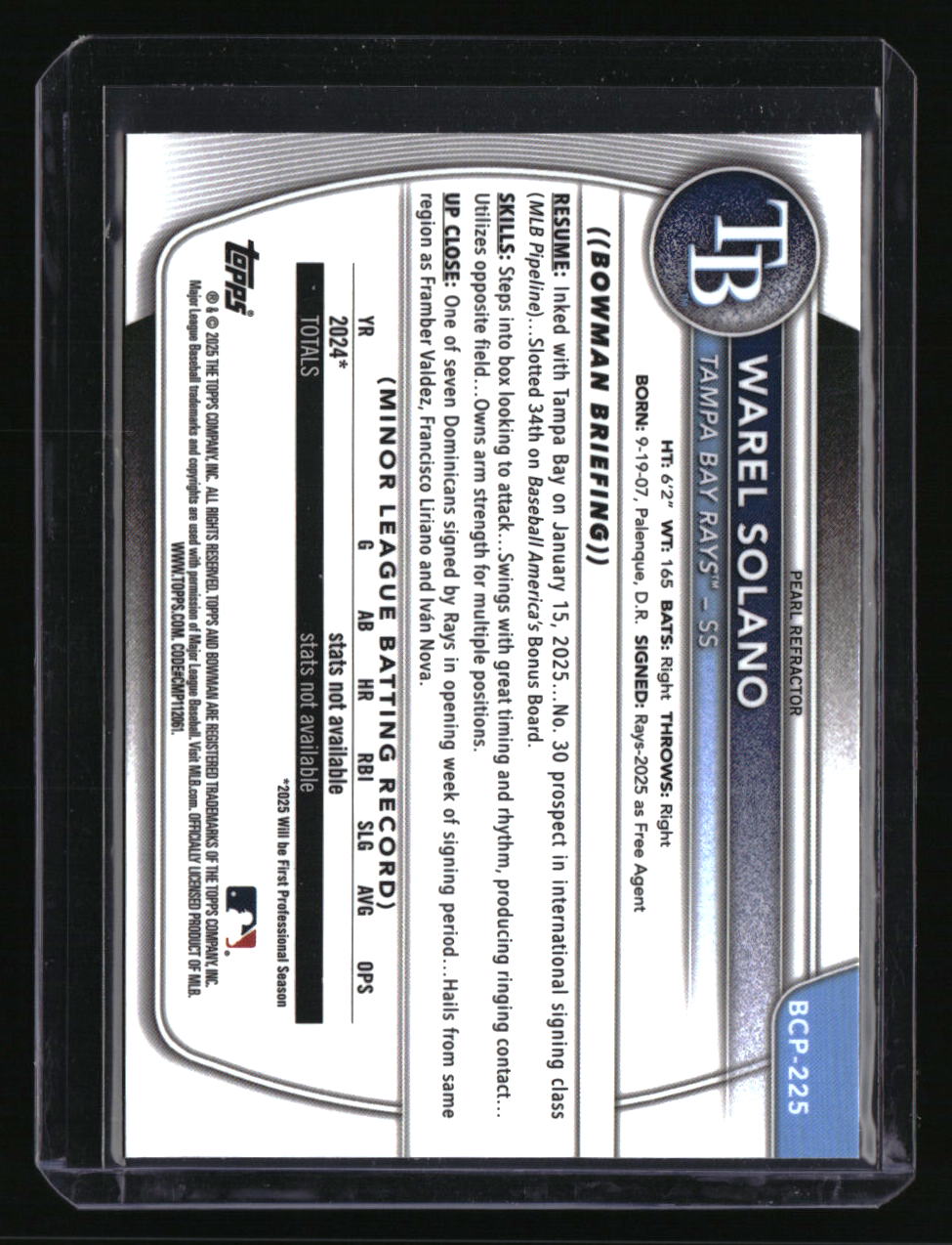 2025 Bowman Chrome Warel Solano Prospects Pearl Refractor