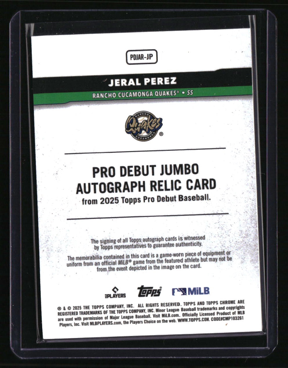 2025 Topps Pro Debut Jeral Perez Pro Debut Jumbo Relic Autographs Gold #/50