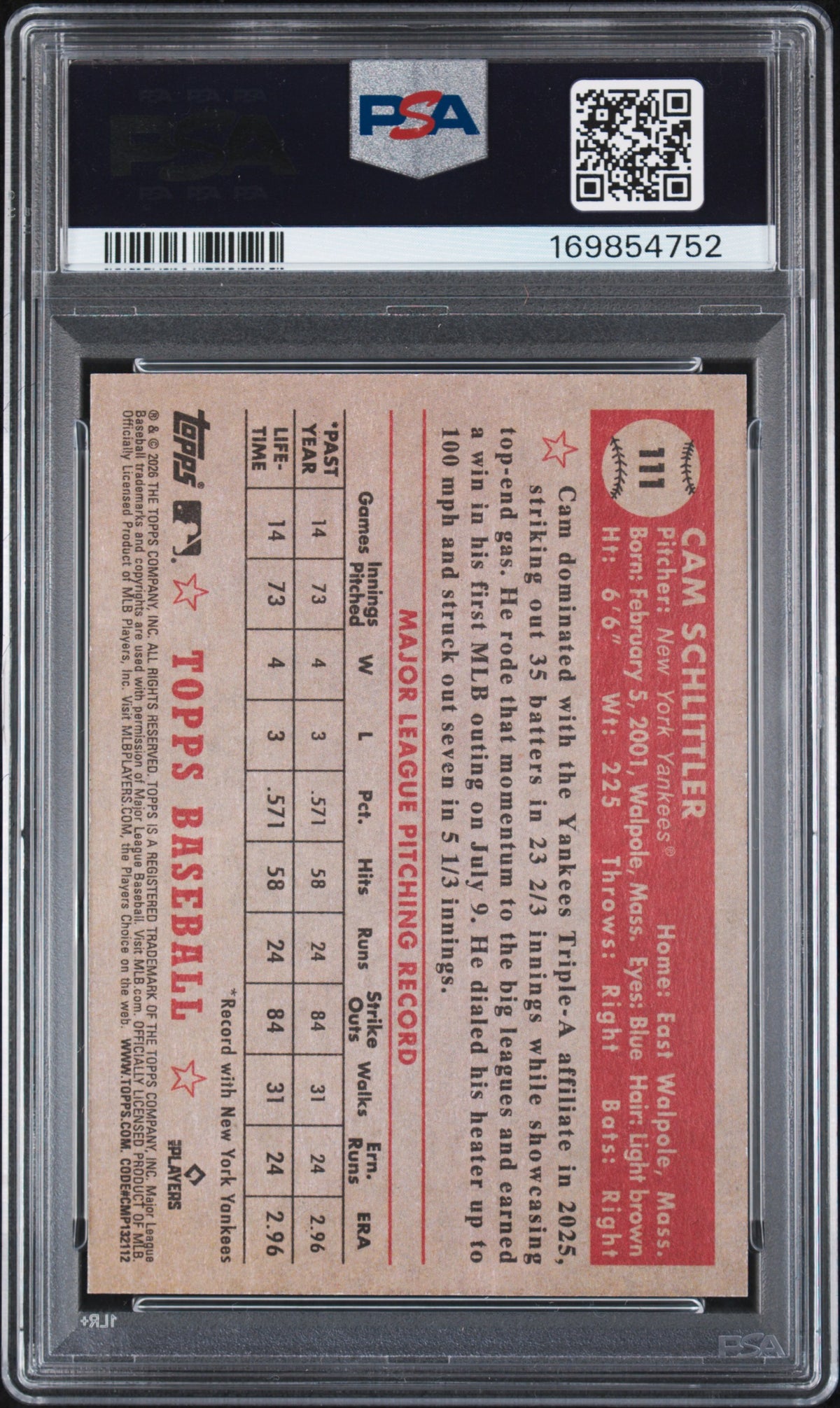2026 Topps Cam Schlittler 1952 Topps Rookie Var PSA 8