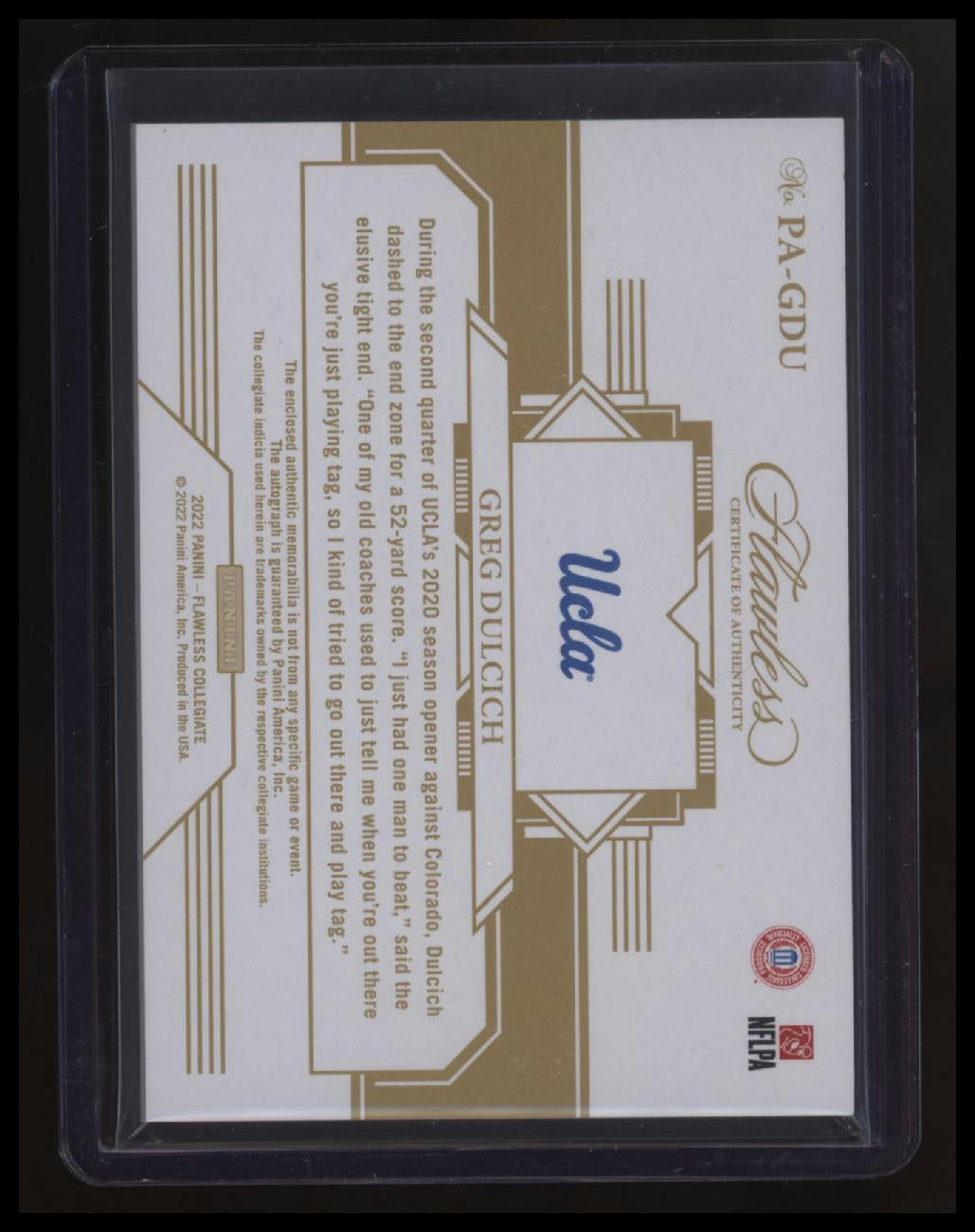 2023 (2022 Card) Panini Flawless Collegiate Greg Dulcich Patch Autographs #/25