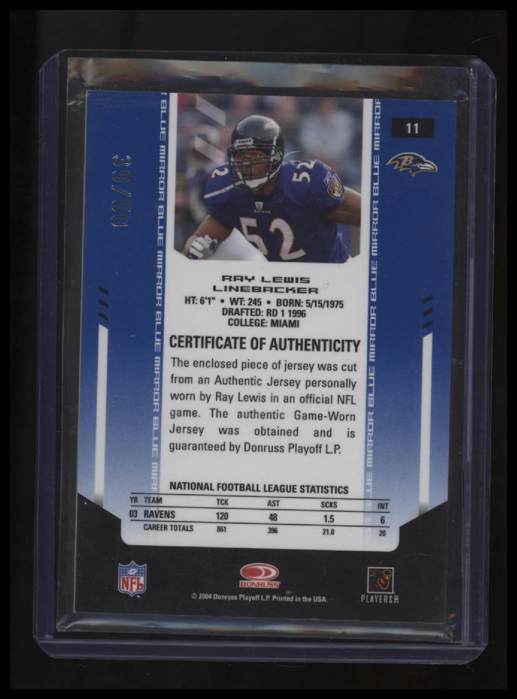 2004 Leaf Certified Materials Ray Lewis Mirror Blue #/50