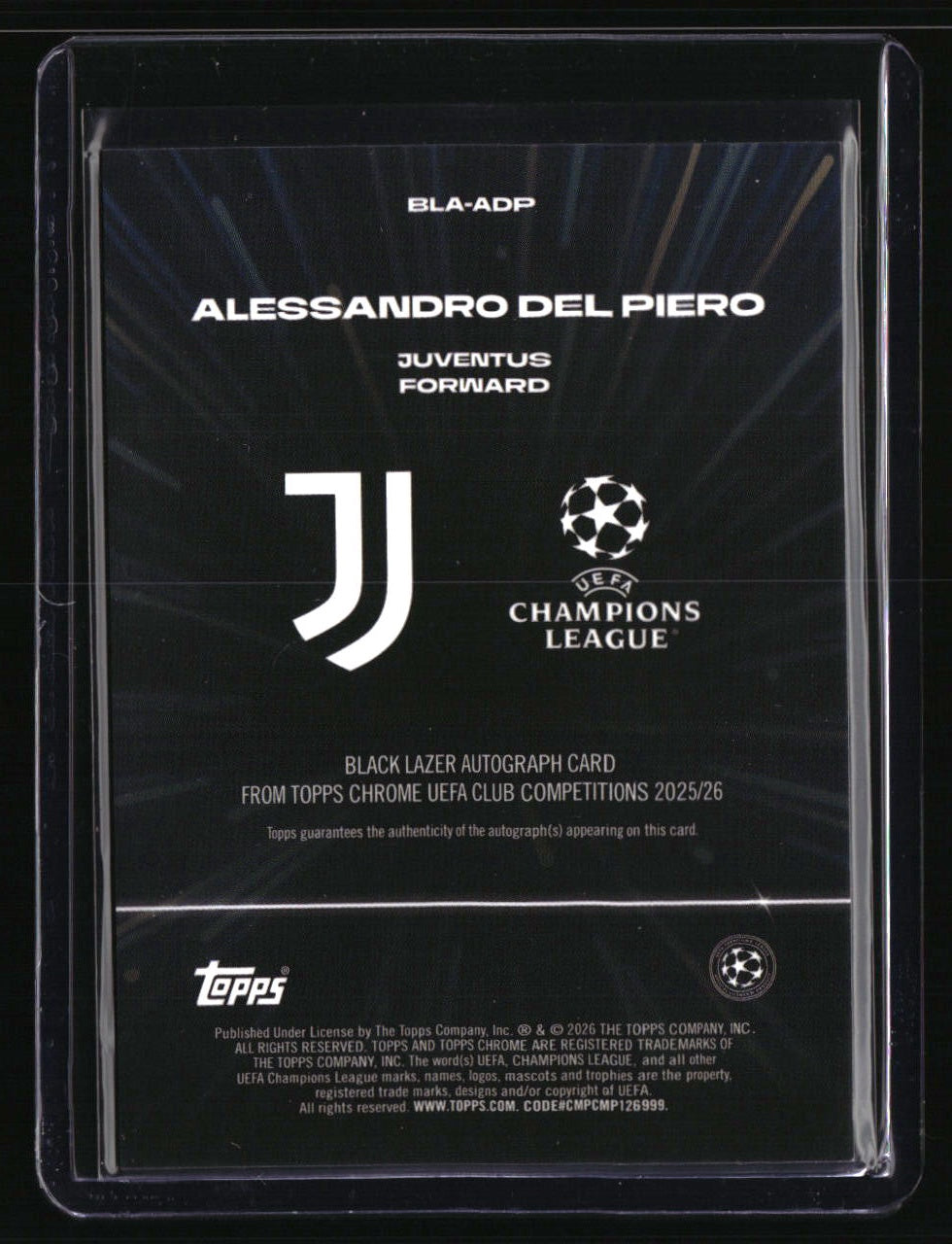 2025-26 Topps Chrome UEFA CC Alessandro Del Piero Black Lazer Autographs