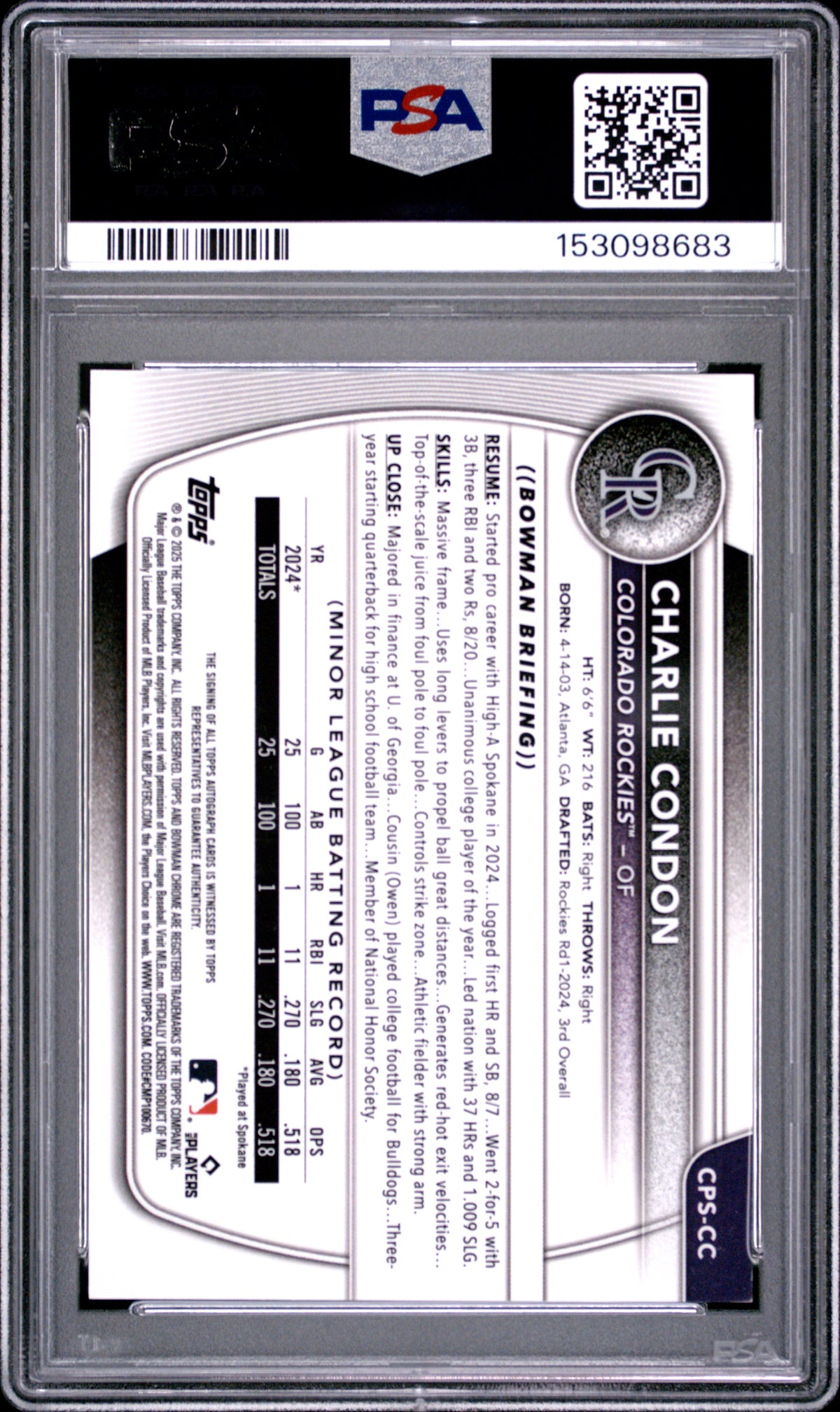 2025 Bowman Sapphire Edition Chrome Prospects Auto Charlie Condon Green PSA 9