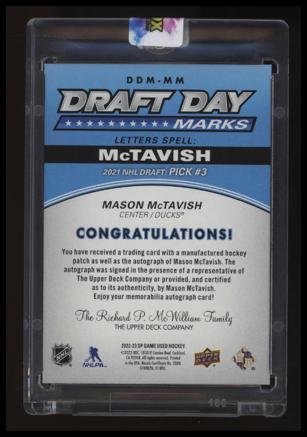 2022-23 SP Game Used Mason McTavish Draft Day Marks Rookies #/35 (I)