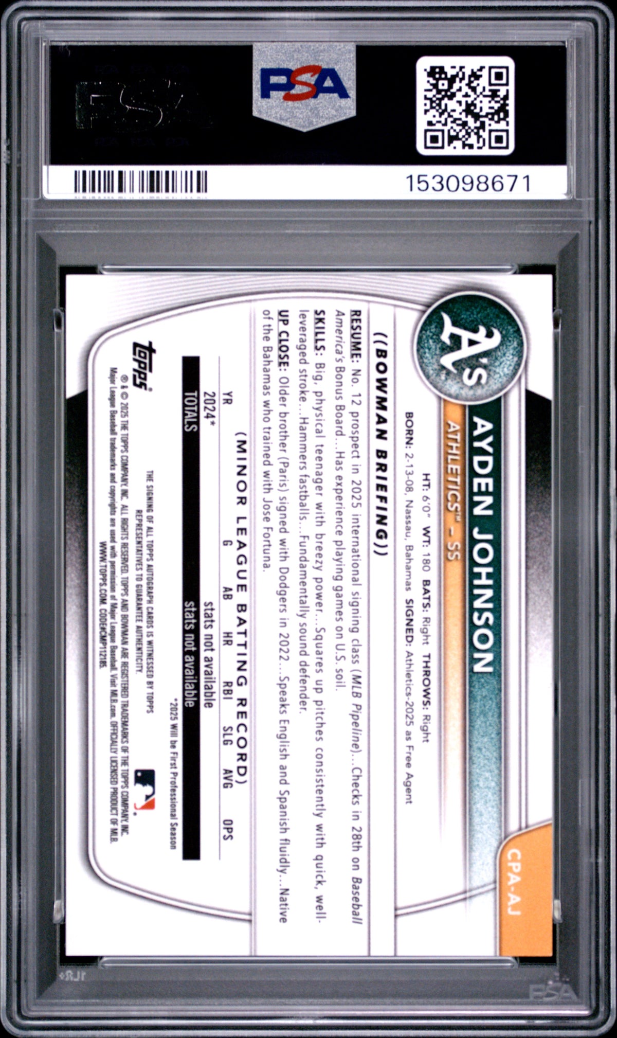 2025 Bowman Chrome Prospect Autographs Ayden Johnson Gold Ref PSA 9
