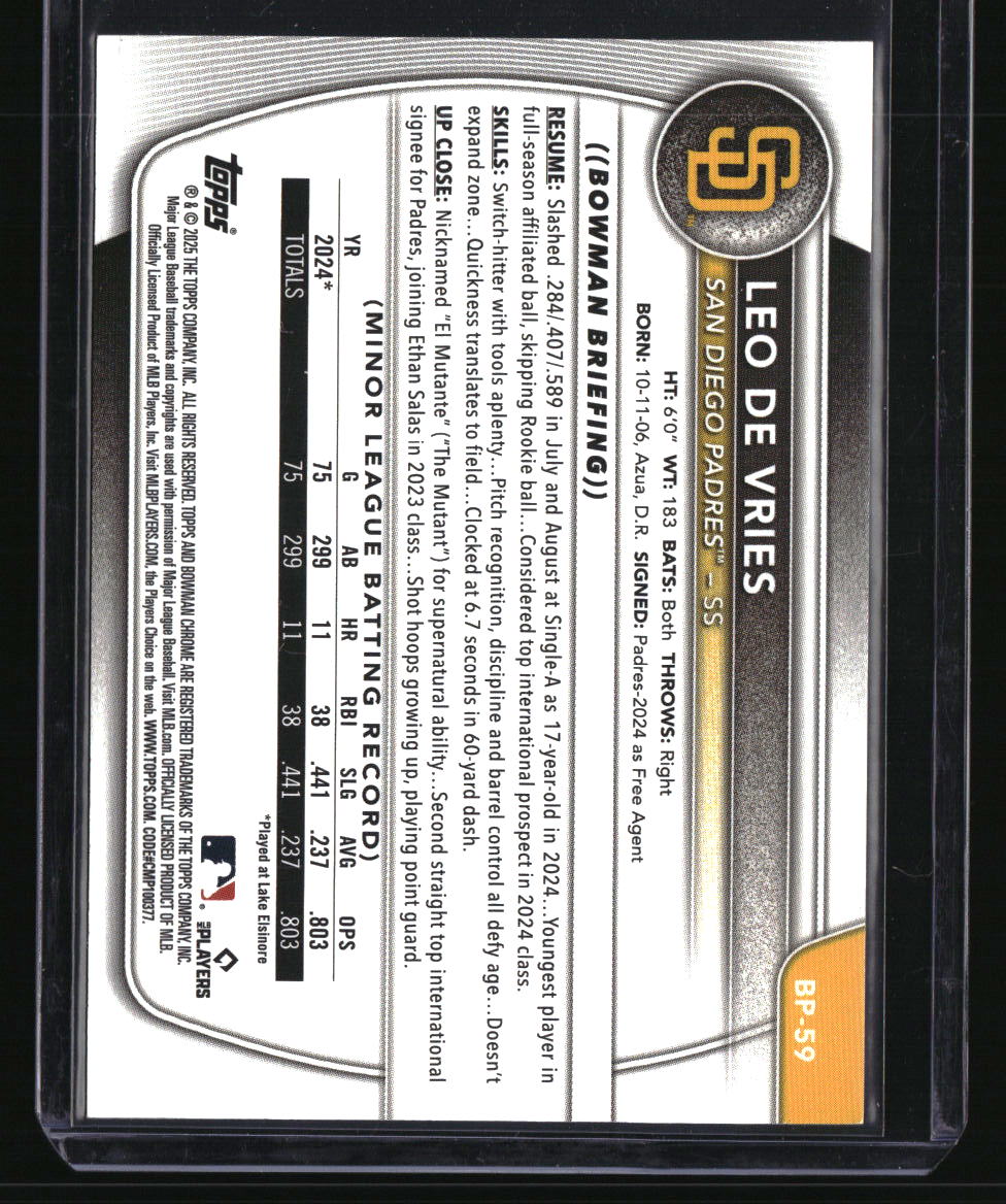 2025 Bowman Leo De Vries Prospects Yellow Pattern #/75