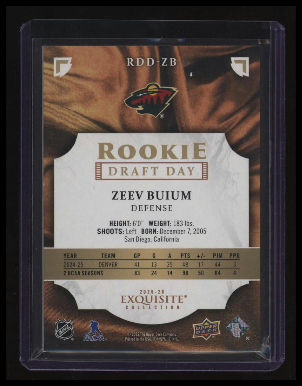 2025-26 UD Black Diamond Zeev Buium Rookie Draft Day Gold #/75