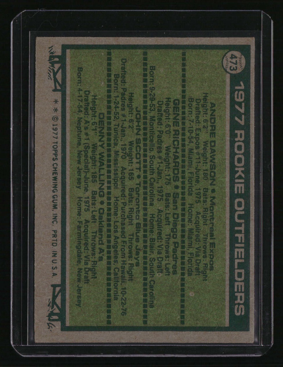1977 Topps Rookie Outfielders Dawson / Richards / Scott / Walling)