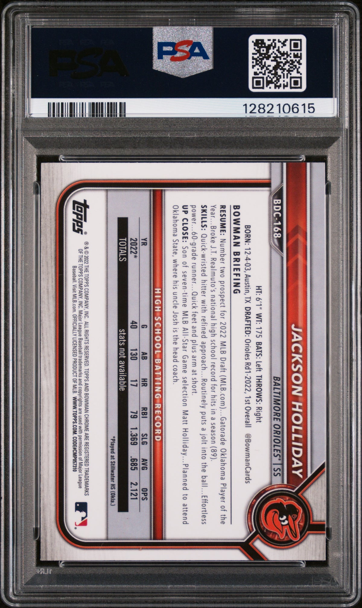 2022 Bowman Draft Jackson Holliday Chrome PSA 9